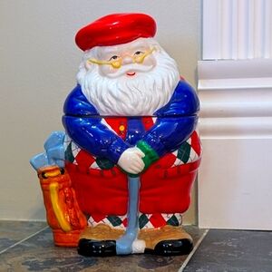 Golf Santa Vintage Hand Painted Ceramic Cookie Jar